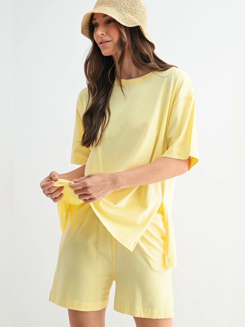 Mono B Supima Cotton Lounge Set Yellow Oversized Tee & Shorts Size Medium NWT